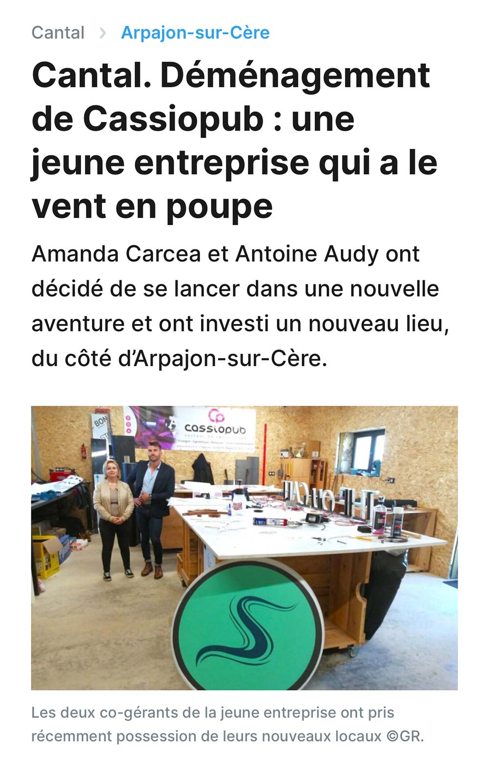 Article du journal Actu Cantal sur le déménagement de l'agence Cassio Pub d'Aurillac à Arpajon sur Cère